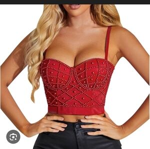 Red Studded Women's Corset Push Up Crop Top